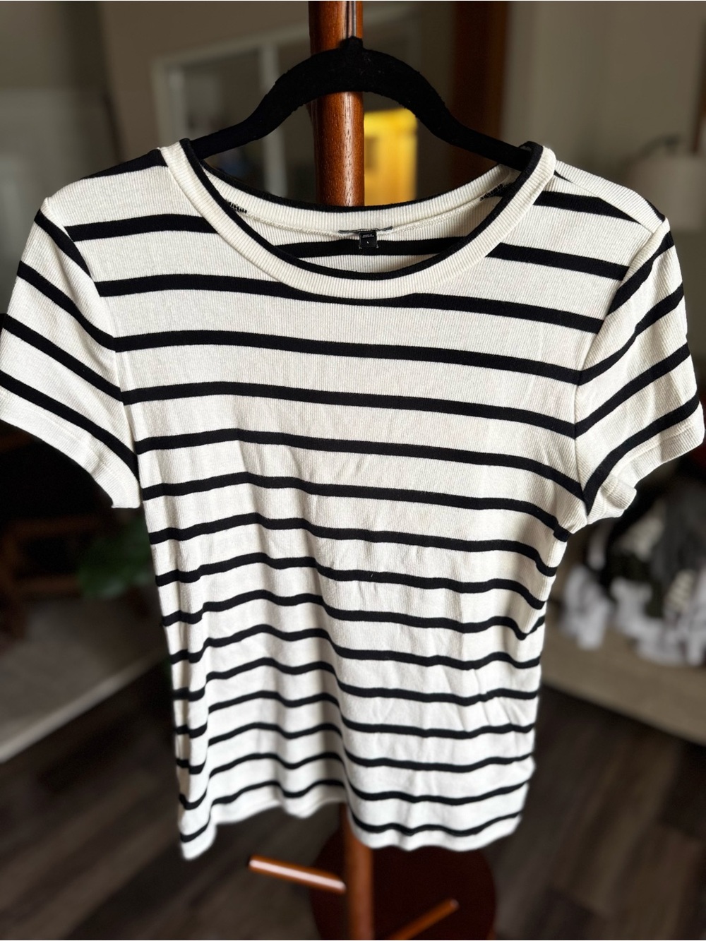 Express Black and White Striped Crewneck Short Sleeve Tee